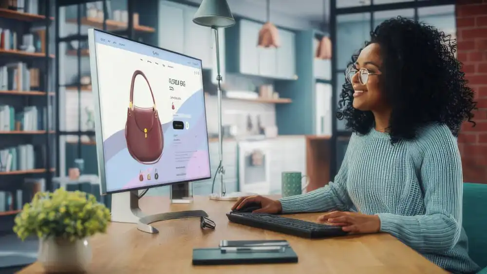A smiling woman at home using a website for online shopping